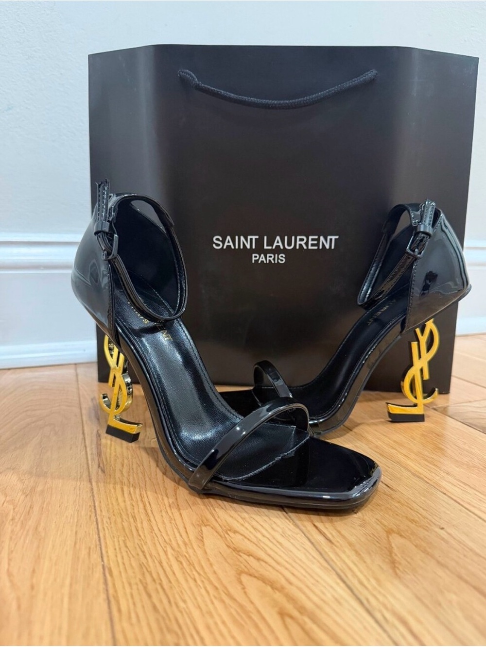 Saint Laurent Black Patent Sandal with Gold YSL Logo Heel - Picture 5 of 11